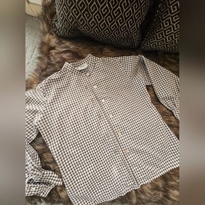 Vintage Gingham Prairie Blouse | Mother of Pearl Buttons Band Collar Size M/L
